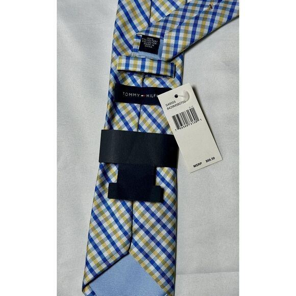 Tommy Hilfiger Men's Polyester Tie ~ Yellow & Blue Plaid Check New Tags Flaw NWT - Picture 6 of 7